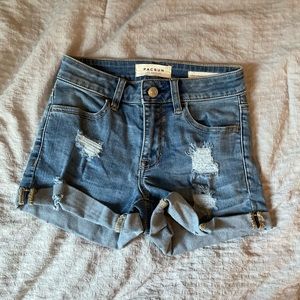 PacSun Super Stretch Shortie Dark Wash Blue Distressed Jean Shorts - Size 23